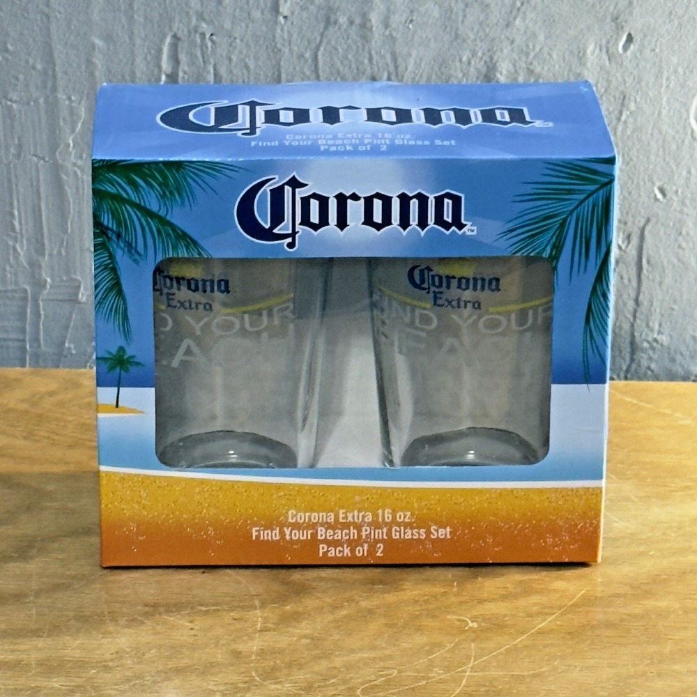 Corona Extra 16 oz Pint‎ Glass Set Of Two "Find Your Beach" New Sealed